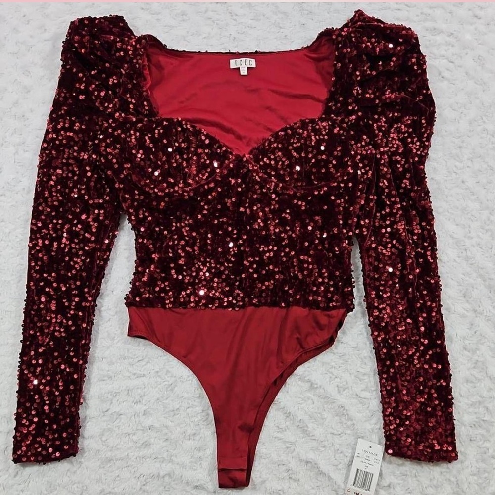 Burgundy Velvet Sequin Bodysuit TCEC